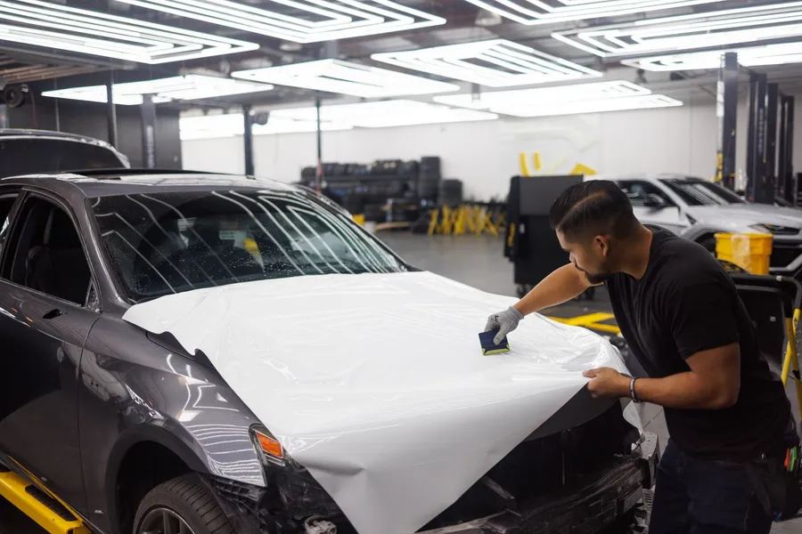Installer applying a large sheet of film to a car hood in a workshop